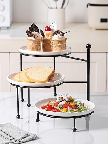 Miniatura 6 de Kanwone Soporte para servir de 3 niveles con platos de porcelana blanca, soporte de bandeja escalonada, juego de exhibición de mesa de postre,