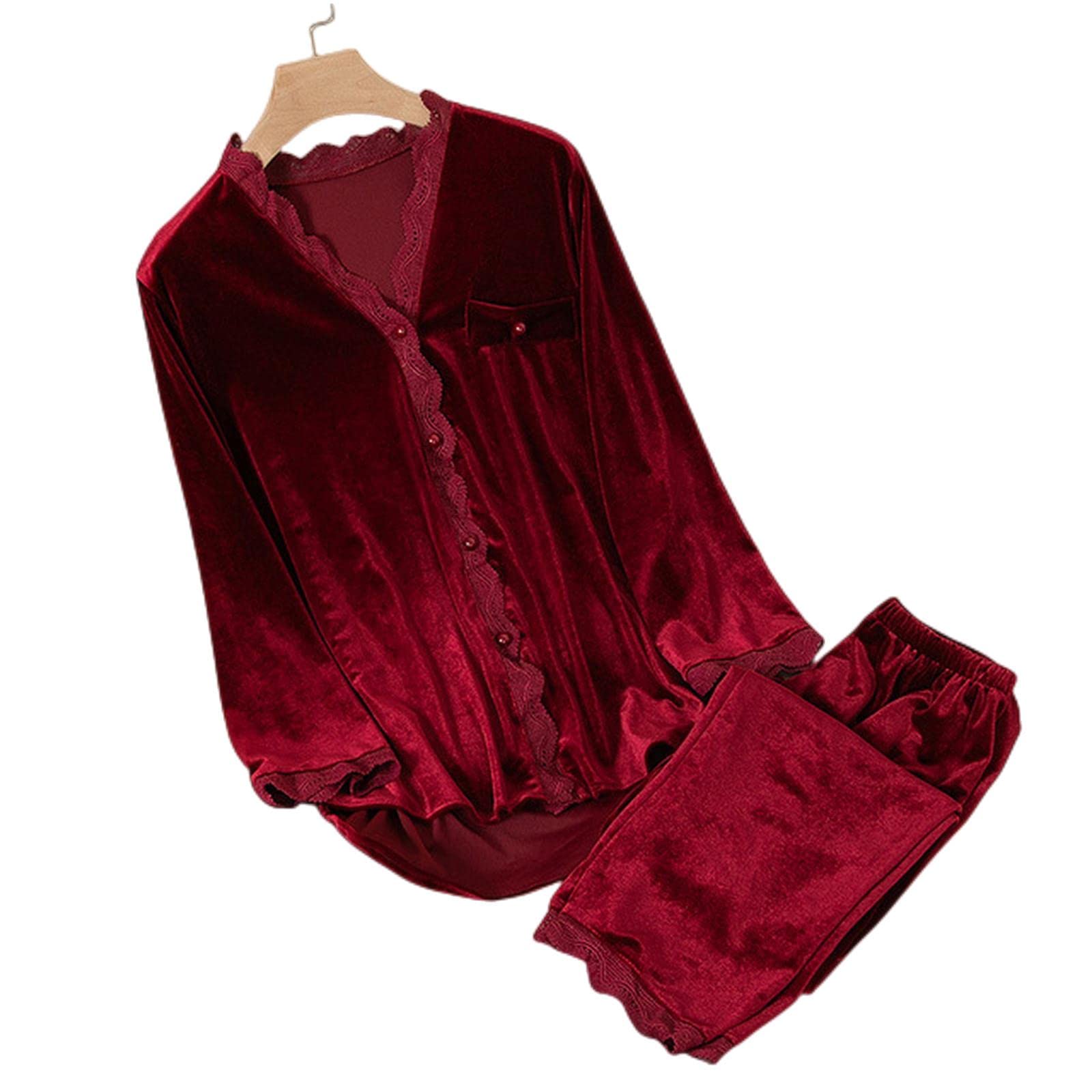 MOGSA Pijama para mujer, pijama de terciopelo sintético para otoño, invierno, ropa de dormir de manga larga, ropa de dormir suelta para el hogar, ropa de dormir con ribete de encaje