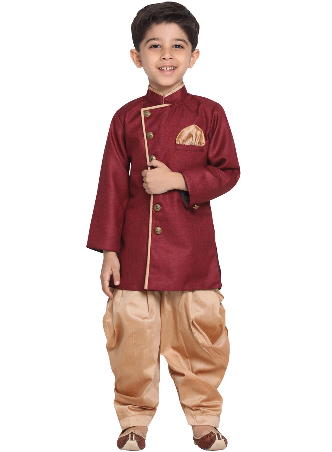 Jbn Creation Boys' Maroon And Rose Gold Cotton Blend Sherwani And Dhoti Pant Set_Jbnbciw124Mancdrg_34