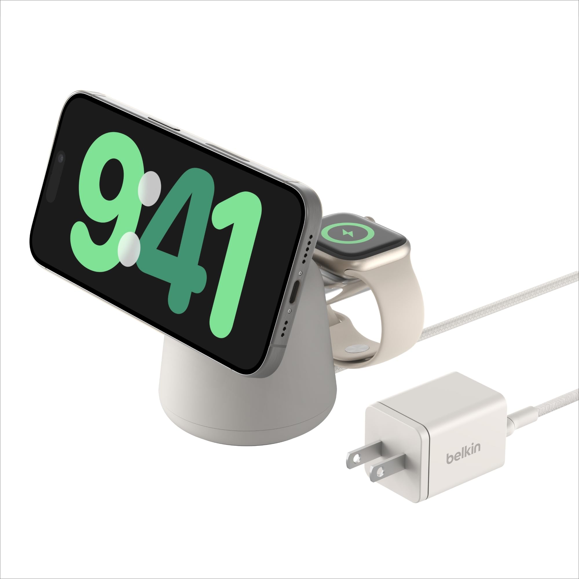 Belkin 2-in-1 MagSafe Wireless Charging Dock 15W Fast Charge iPhone Charger Compatible with iPhone 15, 14, 13, and 12 Series, AirPods, and Other MagSafe Enabled Devices, Includes Power Supply - Sand