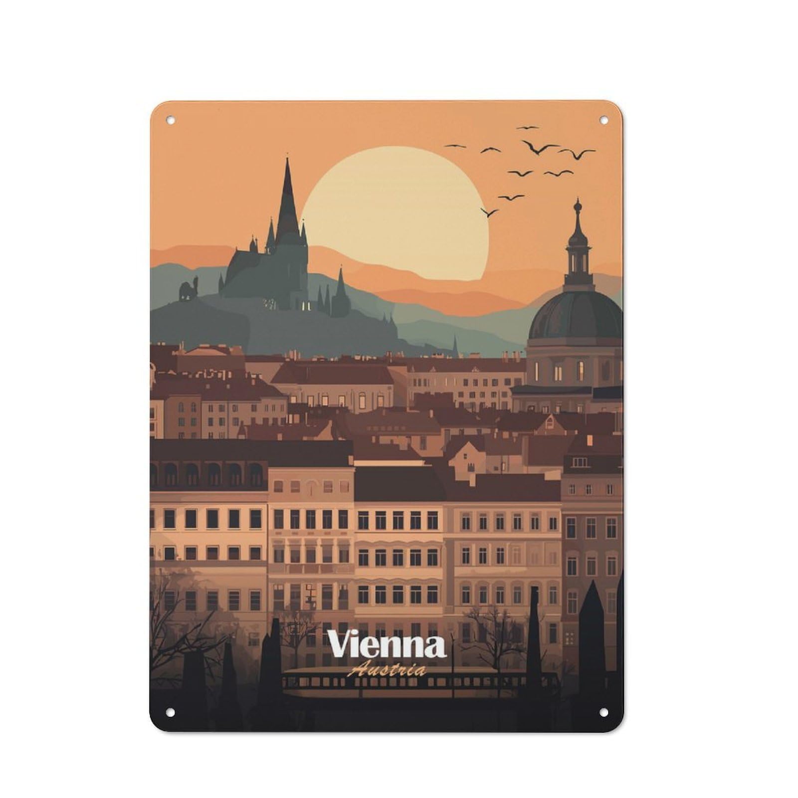 Junmoney Style-4 Workshop Style Vienna Cityscape Sunset Tin Sign 40X30cm, Garage Wall Decor For Tool Room, Garage, Studio Or Home Bar