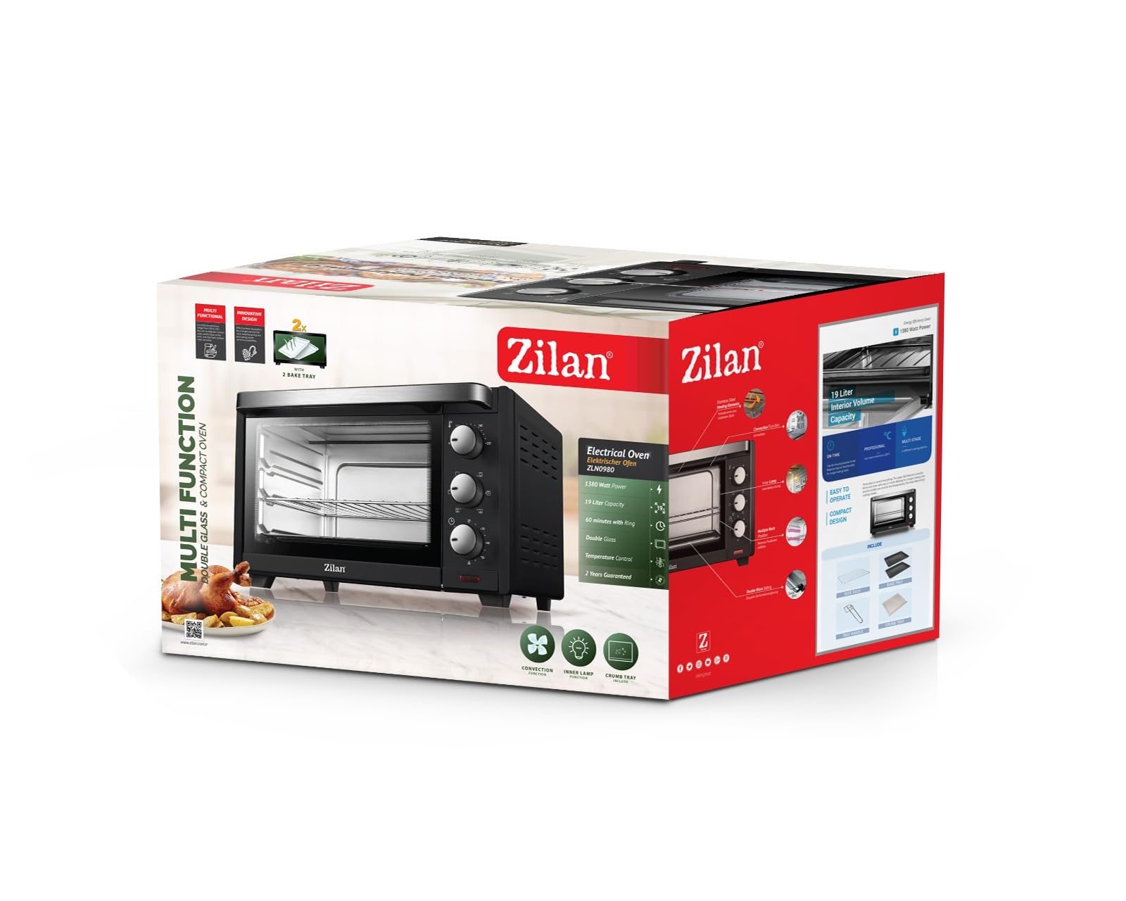 zilan z şekil Four Electrique - Four à Convection - Avec Lampe Intérieure - Double Protection en Verre - 19 Litres, Noir
