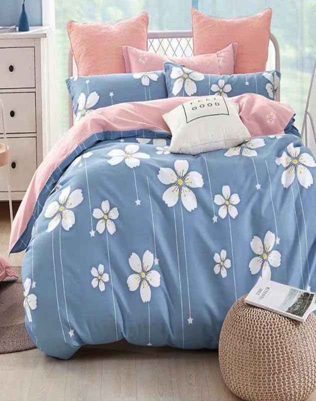 Image of Polycotton Single Bed Bedsheet, Flat Sheet with 1 Pillow Cover, Queen (60x90 inch), 300 TC, Blue & White, Set of 2