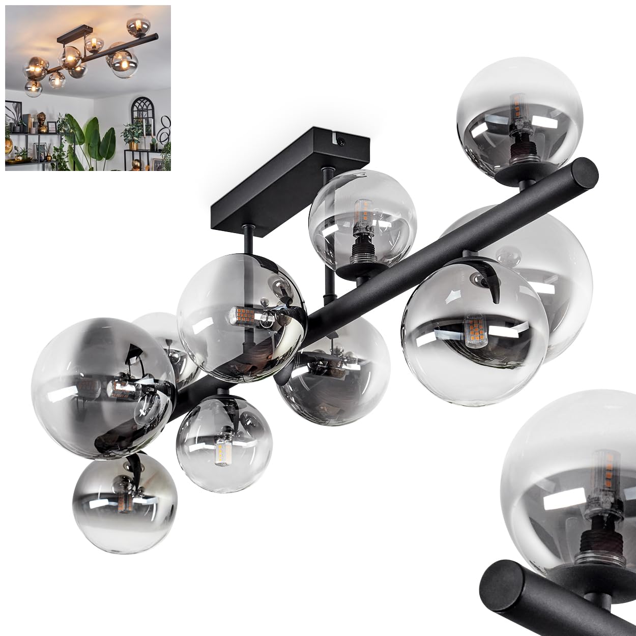 HOFSTEIN Chehalis - Lampada da soffitto a 10 luci, in metallo/vetro, colore nero/fumo/trasparente, design vintage, paralumi Ø 10, 12, 15 cm, G9, per sala da pranzo, camera da letto, soggiorno, cucina