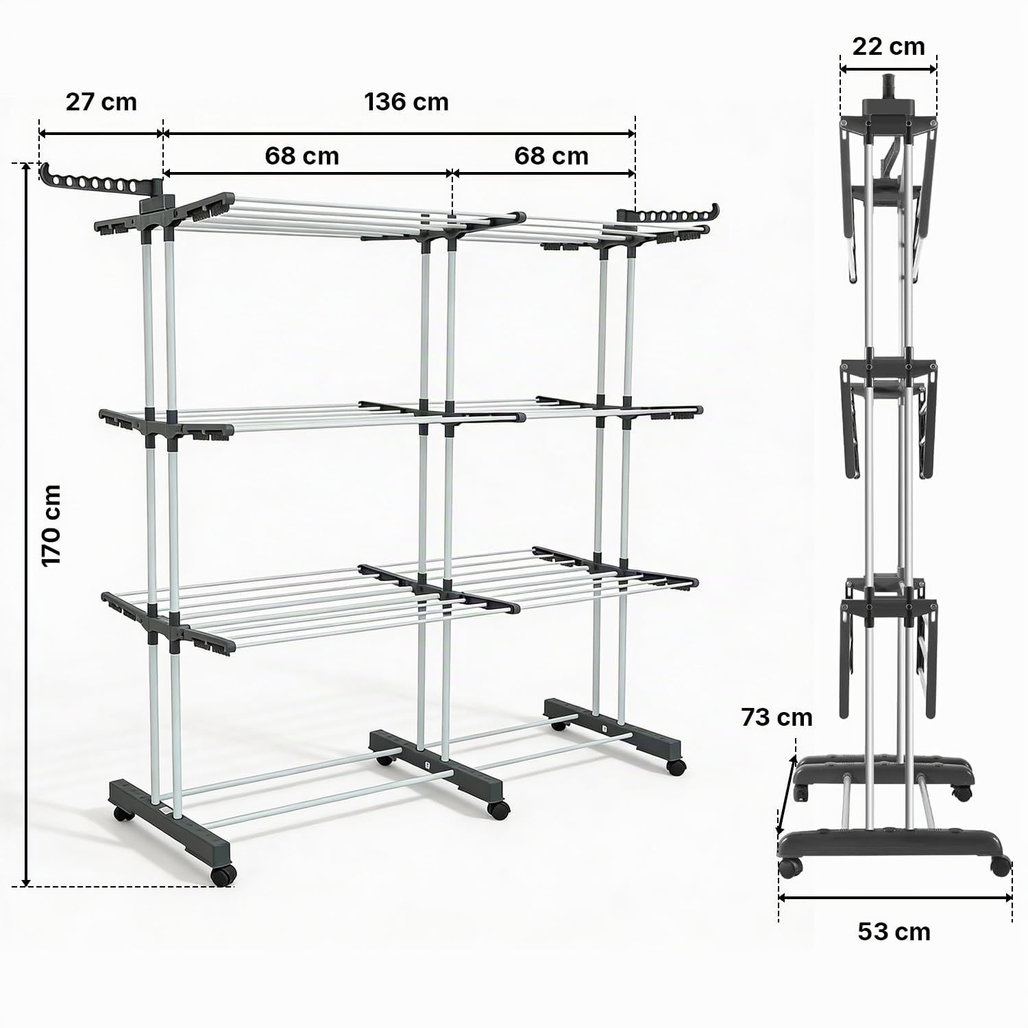 Karol™ Séchoir à Linge Pliable 40 m – Étendoir Vertical 3 Niveaux Grande Capacité – Tour de Séchage avec roulettes, Ailes pour Cintres et Supports Rabattables – Intérieur & Extérieur