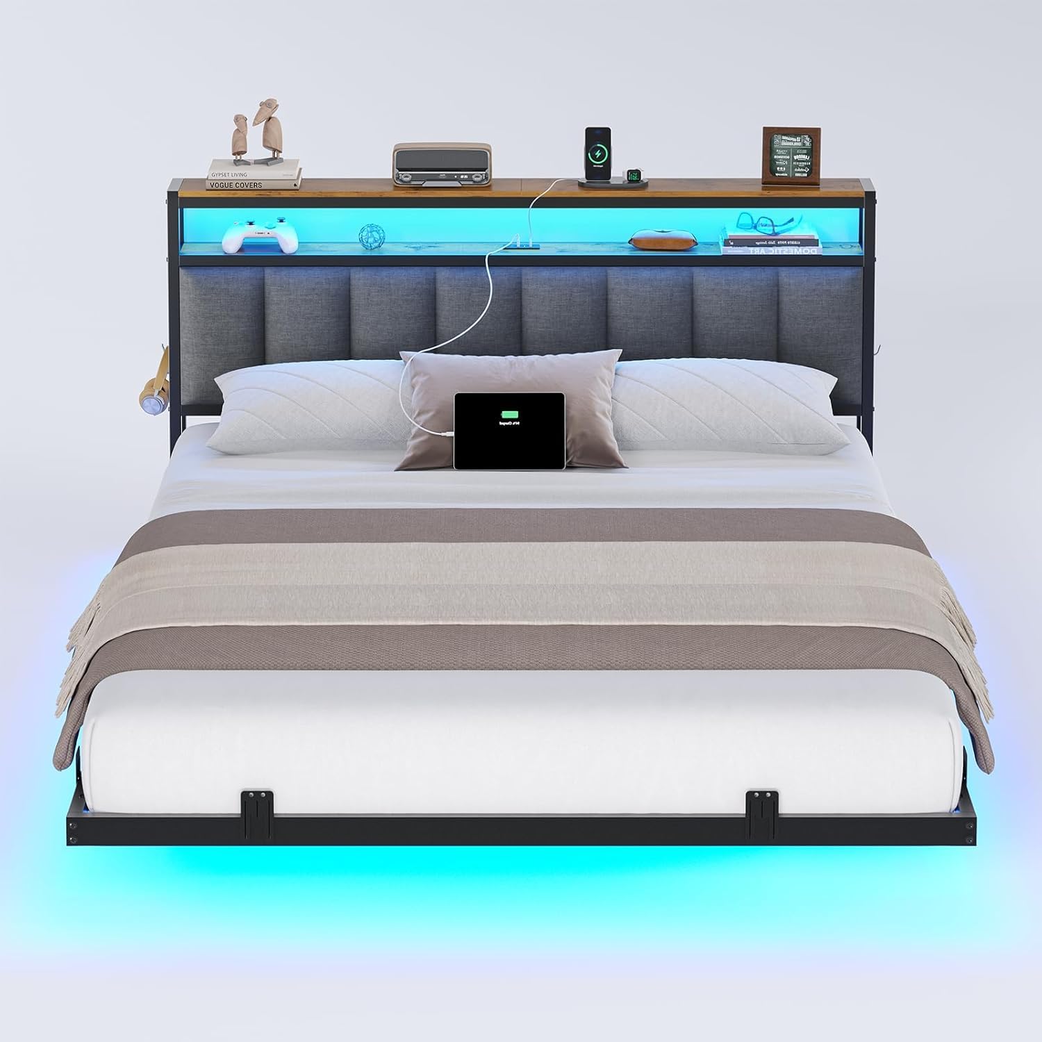 AOGLLATI Letto Matrimoniale, Letto 160x200 cm con Illuminazione a LED e Stazione di Ricarica, Struttura Letto con Testiera Imbottita, Effetto Visivo Levitante, Stile Minimalista, Grigio Scuro