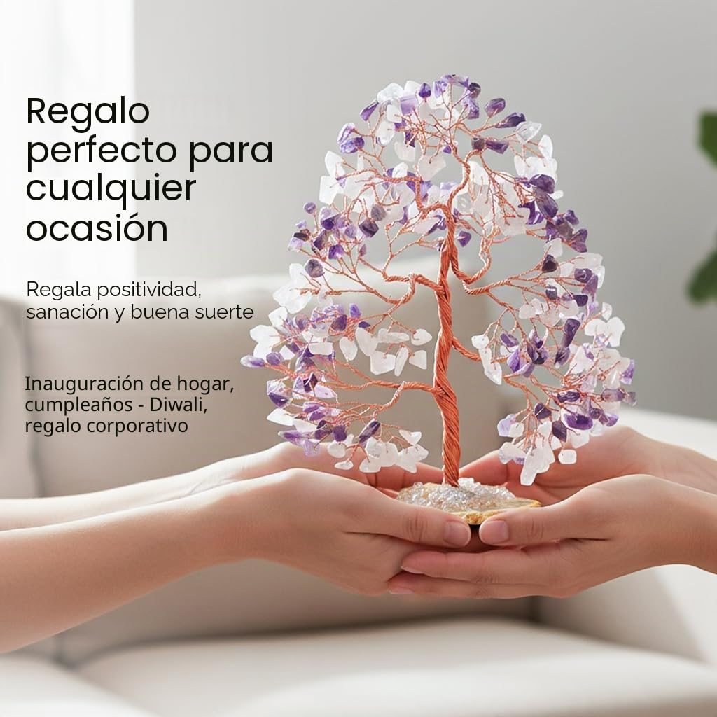 Crocon Árbol de Piedras Preciosas de Cuarzo Rosa y Amatista con Base de ágata geoda, árbol de la Vida de los Chakras Hecho a Mano, Piedra curativa para el Amor incondicional, sabiduría Espiritual