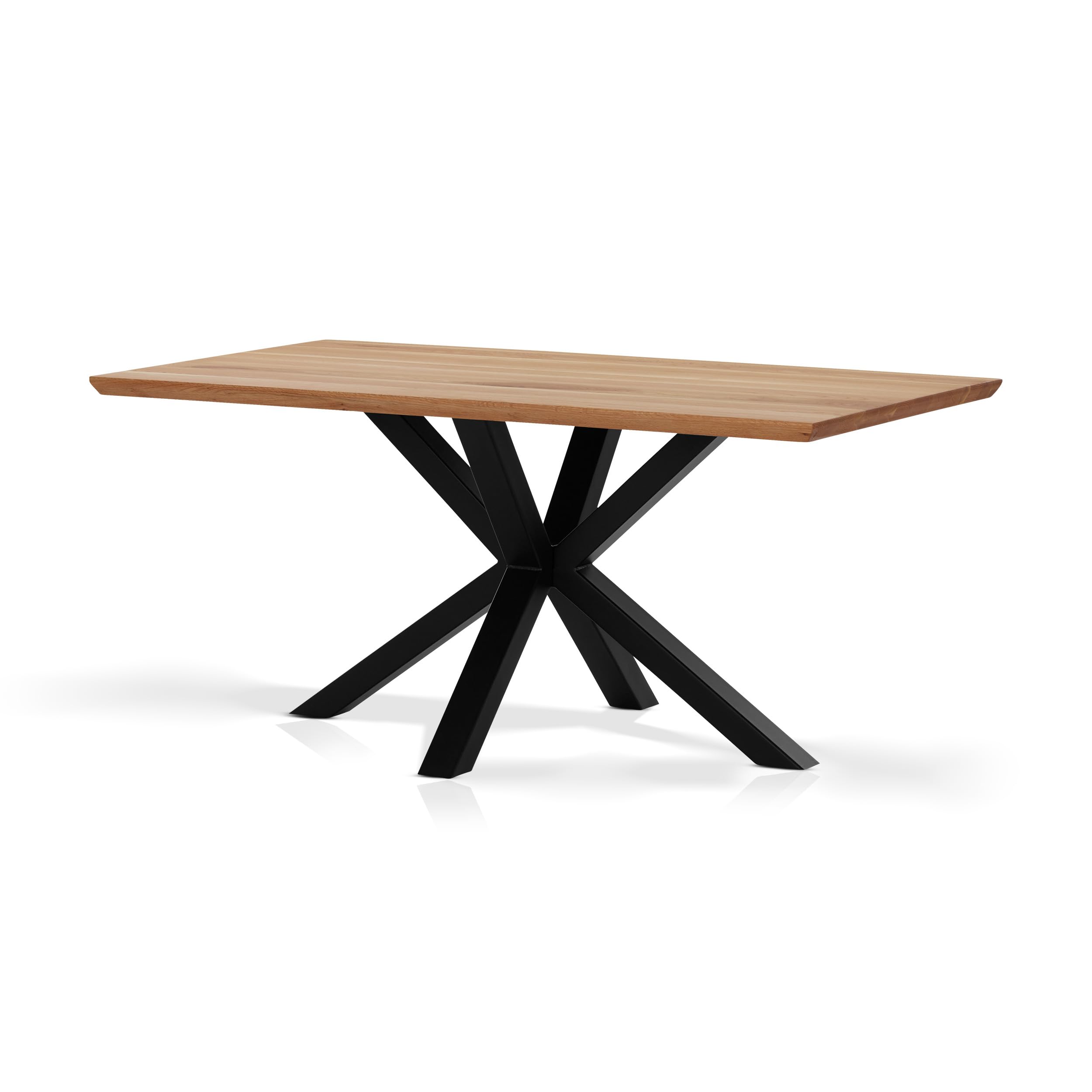 KHG Esstisch 160 x 90 cm Küchentisch aus massiver Eiche geölt - Schweizer Kante, Sterngestell Metall schwarz, Industrial Design, Tisch für 6-8 Personen, belastbar bis 50 kg