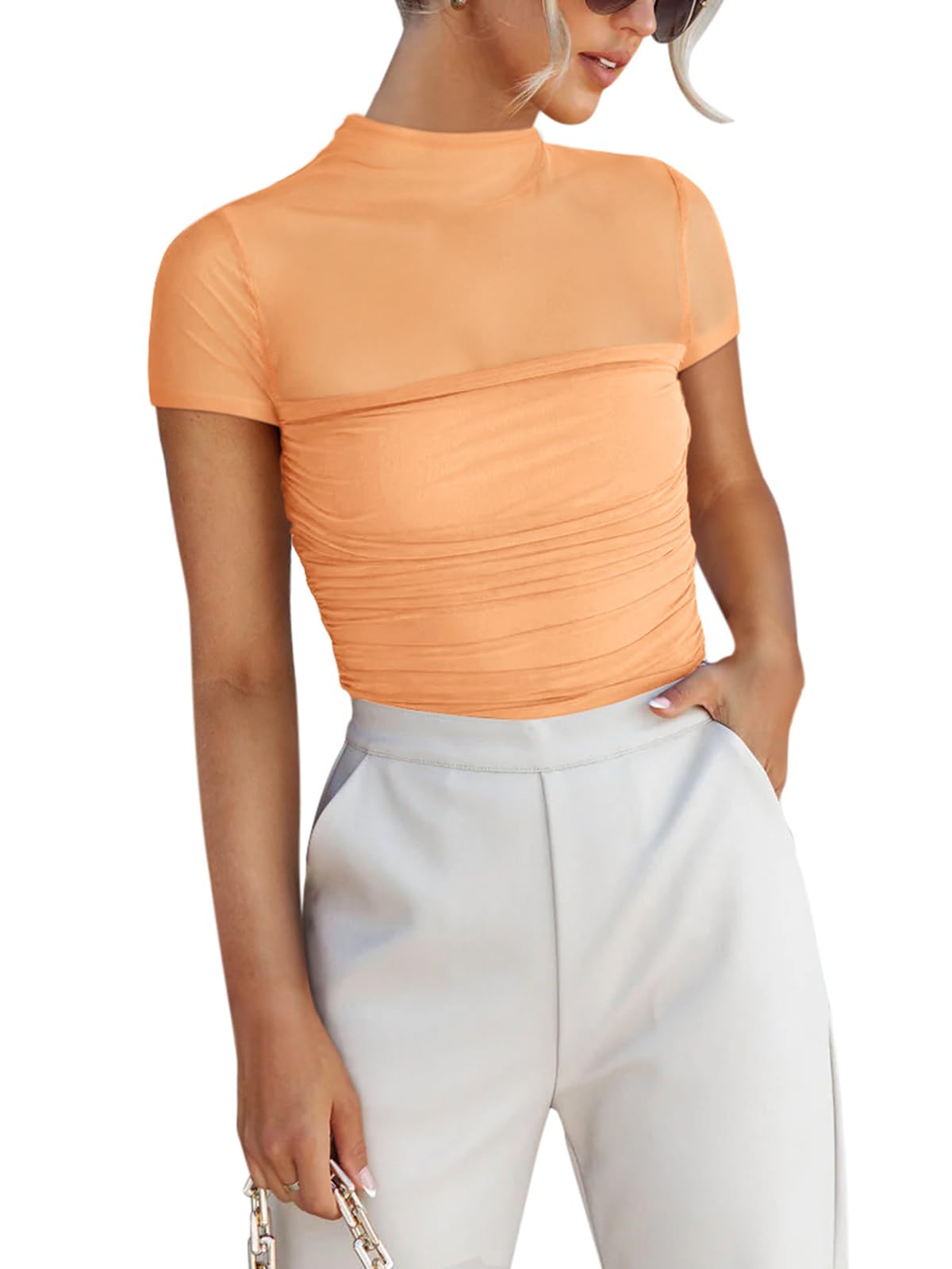 REORIA Women's Sexy Mock Turtle Neck Short Sleeve Shirts Sheer Mesh Ruched Trendy Going Out Bodysuits Tops