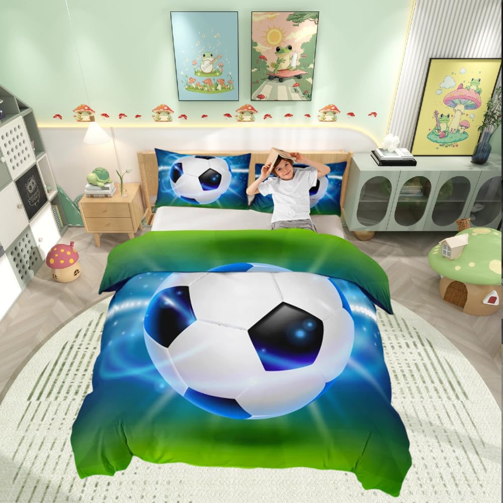 Loussiesd Boys Football Bedding Set Sports Theme Duvet Cover For Kids Children Teens 3D Soccer Ball Pattern Comforter Cover Competitive Games Bedspread Bedroom Decor Quilt Cover 3Pcs Double Size