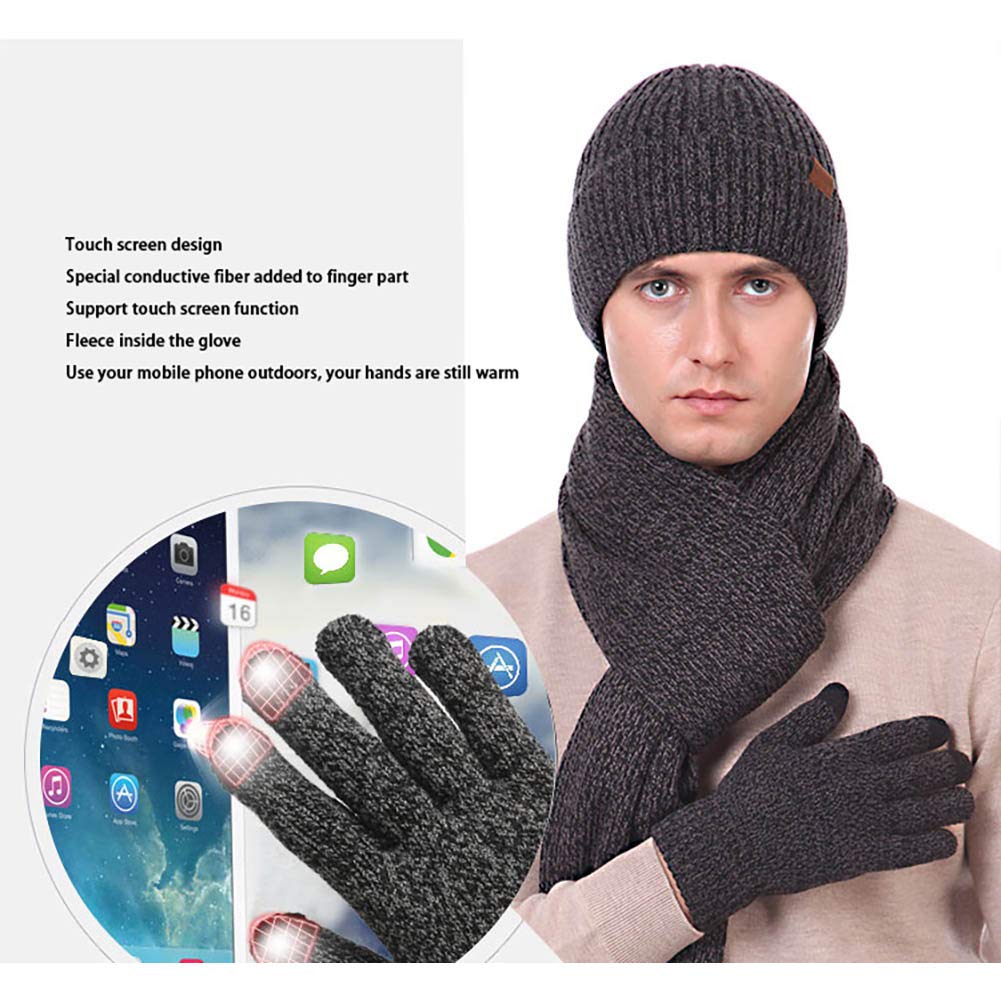2 Pièces pour des Hommes Ensemble Bonnet Et Gants d'hiver Thermique Doublure en Polaire Maille Côtelée, Gants pour Écran Tactile Chapeaux De Luge pour Temps Froid (Noir, Rouge, Gris, Marine, Café)