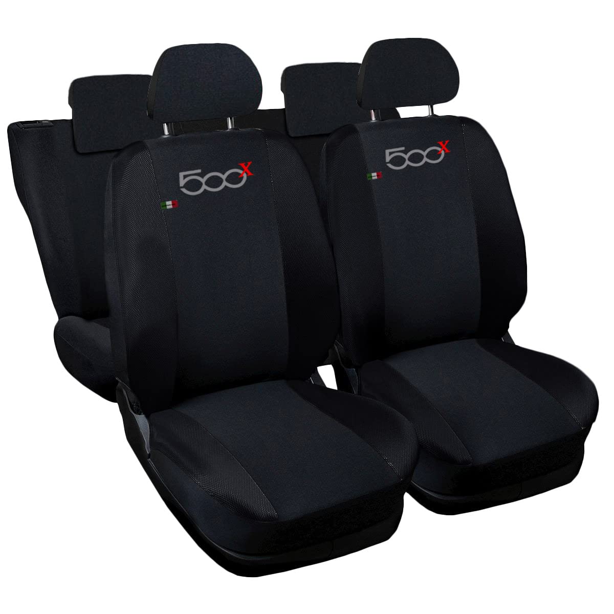 Rebeca Shop 500x Copri-sedili Auto Compatibili 500x | Set Coprisedile Anteriori e Posteriori | Logo Ricamato | Airbag Compatibile | Accessori Auto Interno … (Nero/Nero)