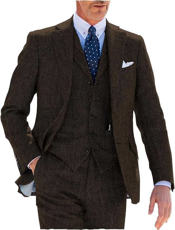Men's Suits Slim Fit 3 Pieces Prom Tuxedos Tweed Herringbone Jacket+Waistcoat+Trousers Wedding3
