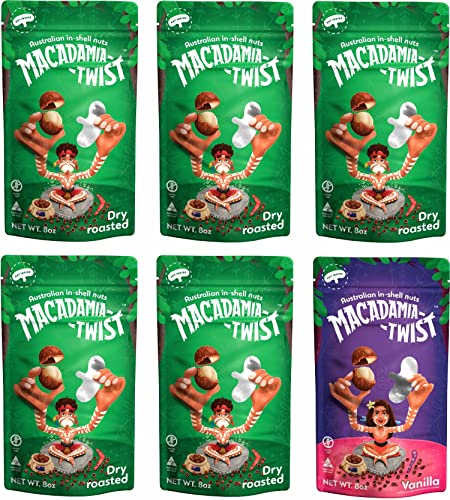 Final Sale - Macadamia Twist Premium Australian Macadamia Nuts In Shell With Metal Key To Open Shells, Combo Family Pack 1Pc Vanilla + 5Pc Dry Roasted Flavored #TOP11