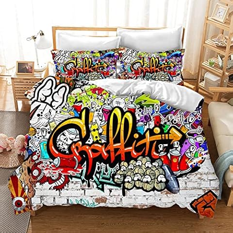 Bfrdollf Graffiti Style Bed Linen Set Children's Hip Hop Theme Comforter Cover for Boys Teenagers Duvet Cover 135 x 200 cm 2 Pieces with Zip (12.135 x 200 cm) Cover