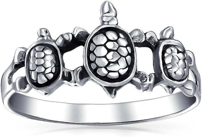 Bling Jewelry Nautical Hawaii Vacation BFF Friendship Three Best Friends Family Sea Turtle Ring Band For Women Oxidized .925 Sterling Silver Split Shank Ring