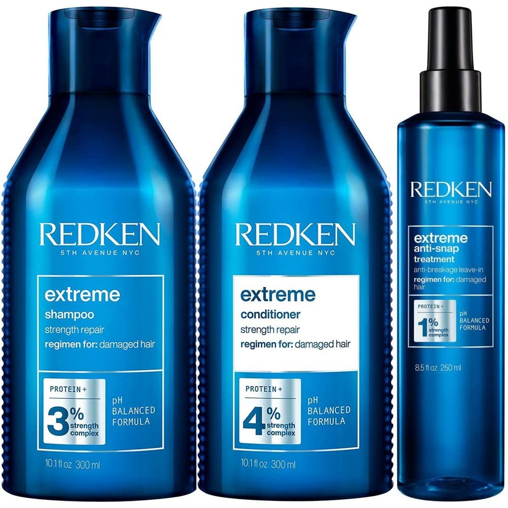 Redken Extreme Shampoo 300Ml + Balsamo 300Ml + Anti-Snap 250Ml | Kit Professionale, Ripara i Capelli Danneggiati e Contrasta le Doppie Punte
