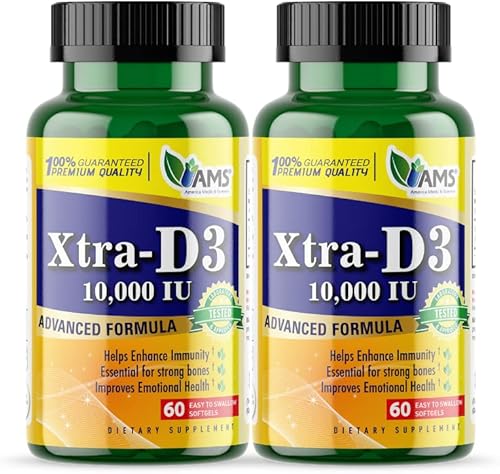 America Medic & Science Xtra D3 Vitamina D 10,000 UI (250 mcg) Suplemento de colecalciferol para hombres y mujeres (120 cápsulas blandas fáciles de