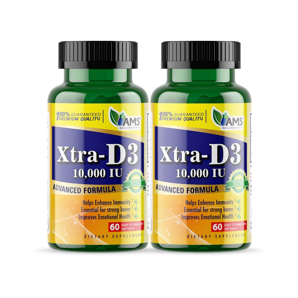 America Medic & Science Xtra D3 Vitamin D 10,000 IU (250 mcg) Cholecalciferol Supplement for Men & Women (120 Easy to Swallow Softgels)Best for Bone, Heart Health, Immune System Support, Lung Function 60 Count (Pack of 2)