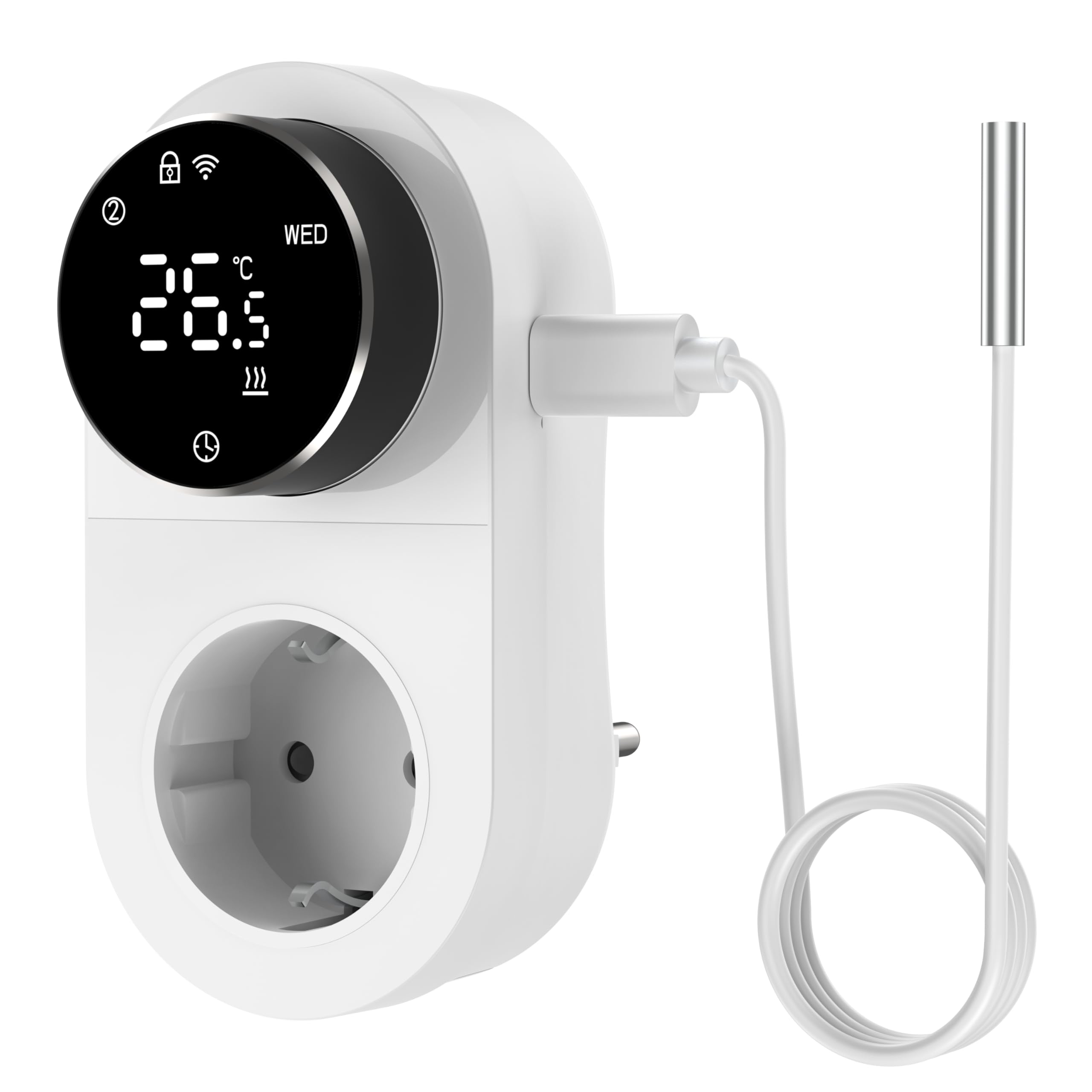 Yasorn Termostato WiFi con enchufe 240V, controlador de temperatura LED con mando giratorio, enchufe inteligente con sensor,control por voz,calefacción y refrigeración, apto para invernaderos/acuarios