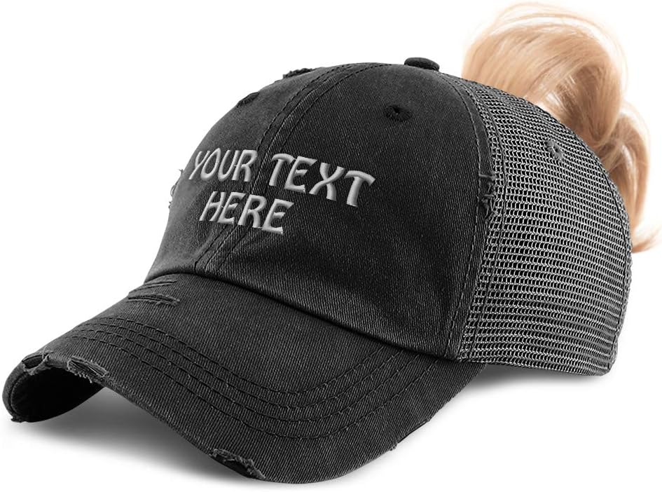 Womens Ponytail Cap Custom Personalized Text & Name Distressed Moms Trucker Hats
