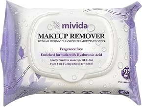 mivida Hypoallergenic Makeup Remover Wipes with Hyaluronic Acid, Alcohol Free & Fragrance Free Makeup Wipes For Sensitive skin, Plant Based Make Up Remover, Travel Friendly 25 Count