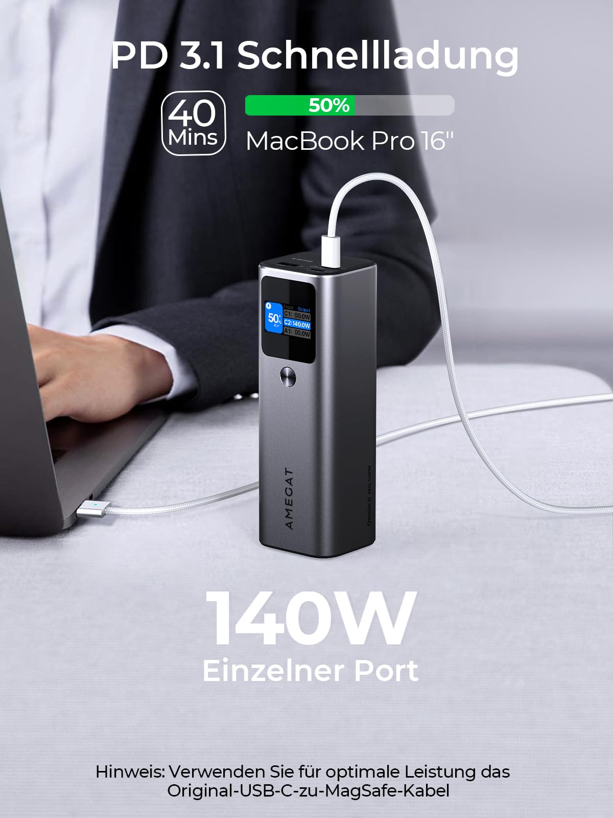 AMEGAT Power Bank 140W, 27600mAh Powerbank PD 3.1 USB C Input & Output Batteria esterna, display digitale, per Laptop, Tablet, Smartphone, Auricolari e Altro