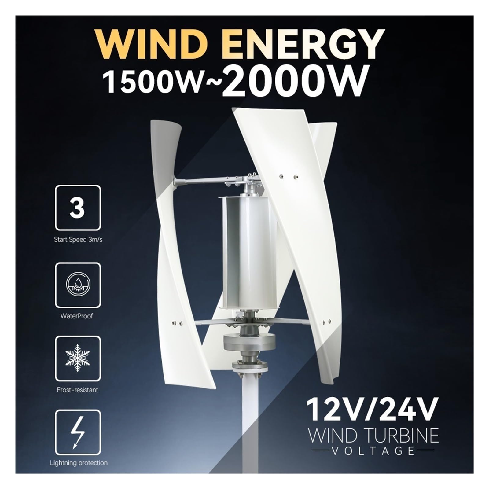 Generatore di energia eolica 12v 24v Turbina 2kw 2000w 3 pale Asse verticale permanente Maglev con regolatore Mppt per casa, barca, marina, giardino(1600W,Turbine Only,24V)