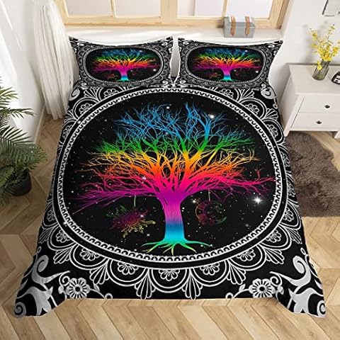 Homewish Watercolor Tree Duvet Cover Set Queen Size Tree Artwork Comforter Cover Colorful Sun Moon Bedding Set 3pcs for Kids Boys Girls Room Decor, Boho Exotic Style Quilt Cover with 2 Pillowcases Cover