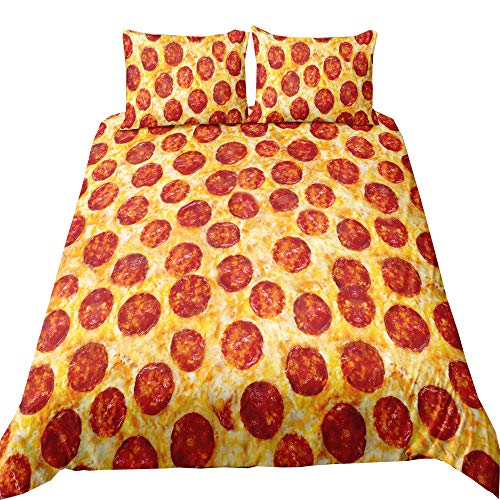 EsyDream 3D Pepperoni Pizza Print Duvet Cover Sets Twin Queen King Soft Microfiber Delicious Pepperoni Pizza Funny Bedding Bed Sheet No Filler Queen Color 3