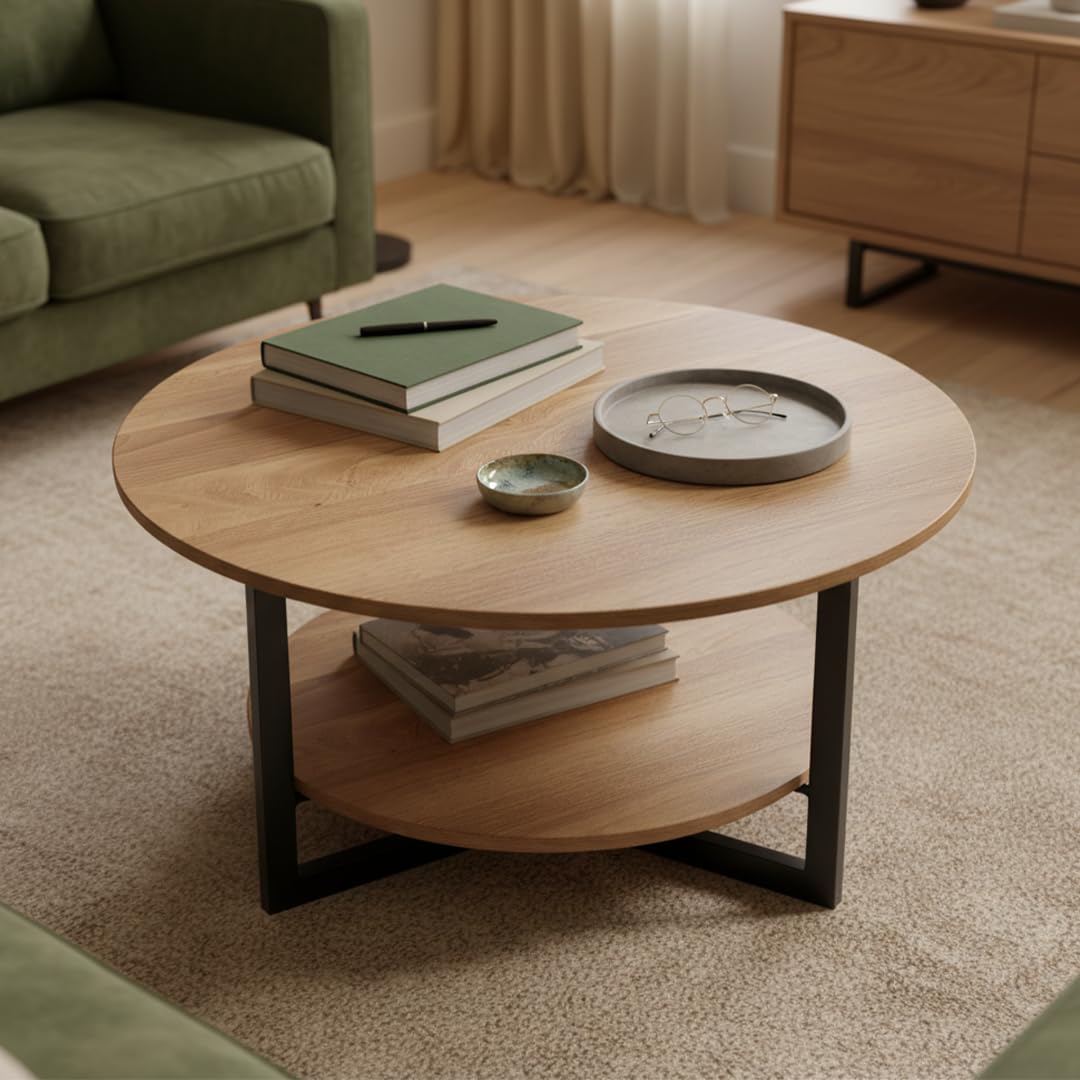 skølm Drakkar Couchtisch rund Ø70 cm – Wohnzimmertisch aus Massivholz Eiche & Metallgestell – Sofatisch mit 2 Ablagen – Kleiner Beistelltisch geölt – Holztisch Wohnzimmer mit Stauraum – Coffee Table