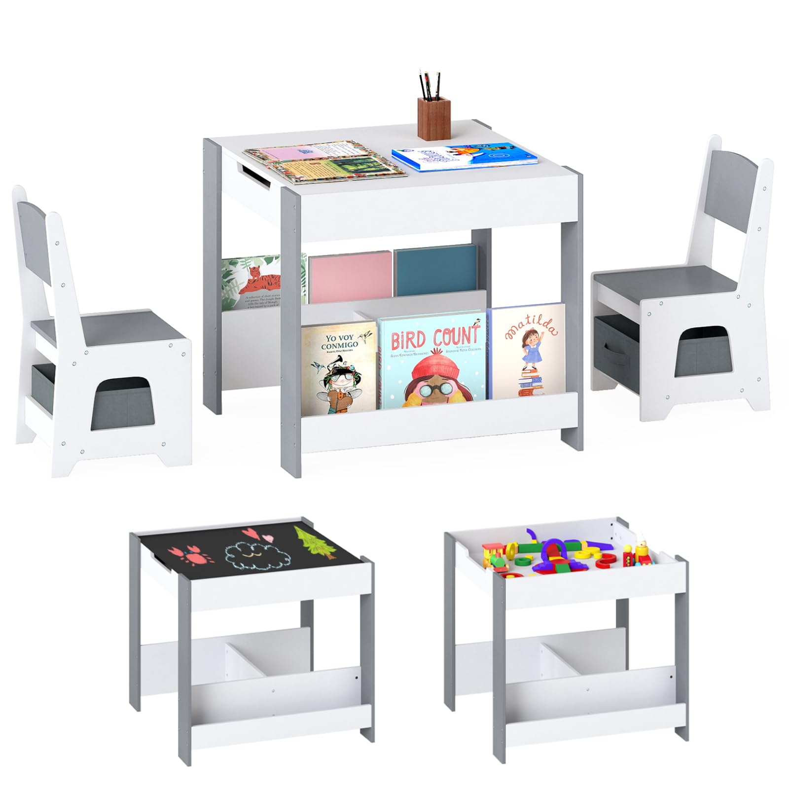Maxmass 4 in 1 Toddler Table and Chair, Wooden Children Activity Table with Dual-sided Tabletop, Storage Bins, 3 PCS Kids Desk and Chair for Learning Playing Drawing (White+Grey, 61x61x56cm)