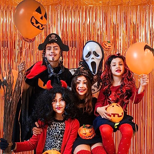 Image of 2 Pack 3.28 ft x 6.56 ft Orange Tinsel Curtain Party Backdrop Decorations, Metallic Foil Fringe Backdrop Door for Halloween, Christmas, Birthday Graduation Wedding Party Streamers Photo Backdrop.