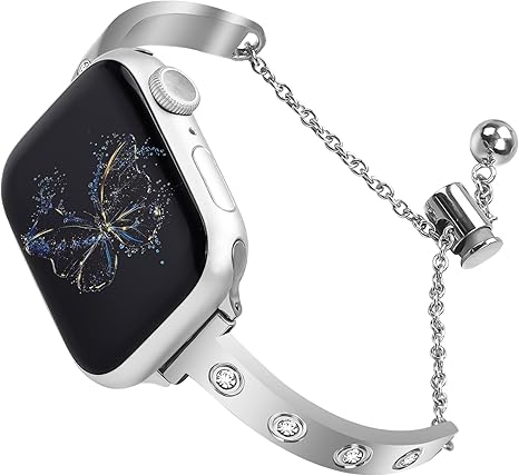 Stainless Steel Band Compatible with Apple Watch 38mm 40mm 41mm 42mm 44mm 45mm 46mm 49mm Pretty Luxury Strap with Sparkle Diamond, Dressy iWatch Bracelet, Bling Thin Band for Women