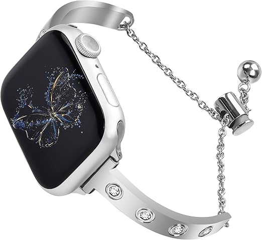 Stainless Steel Band Compatible with Apple Watch 38mm 40mm 41mm 42mm 44mm 45mm 46mm 49mm Pretty Luxury Strap with Sparkle Diamond, Dressy iWatch Bracelet, Bling Thin Band for Women