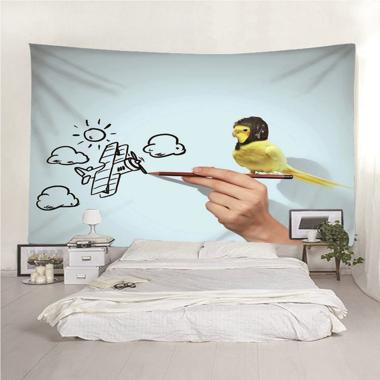 Chenlane Wandteppiche Kinder Tapisserie Schlafzimmer Malerei Und Vögel Wandteppich Vorhänge Wand Teppiche Kuche Wandbehang Dekoration Weiß Gelb 300x250cm
