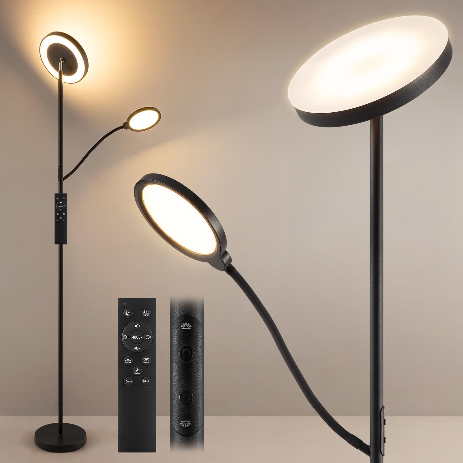 Home Sweet Home LED Stehlampe Dimmbar Schwarz - 2300LM Superheller Deckenfluter & 800LM Leselampe - Mit Fernbedienung & Touch - 3 Farbtemperaturen Stehleuchte für Wohnzimmer