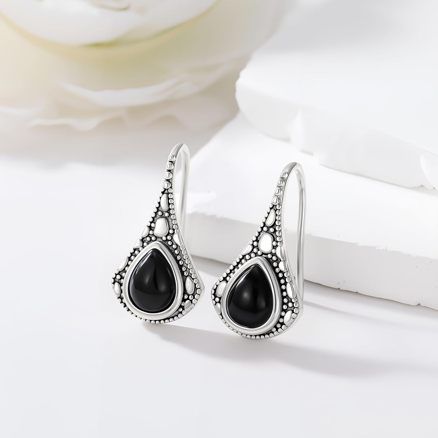 Vintage Black Onyx Earrings Sterling Silver Dangle Drop Hook Earrings Birthday Christmas Mothers Day Gifts for Women Mom - Image 2
