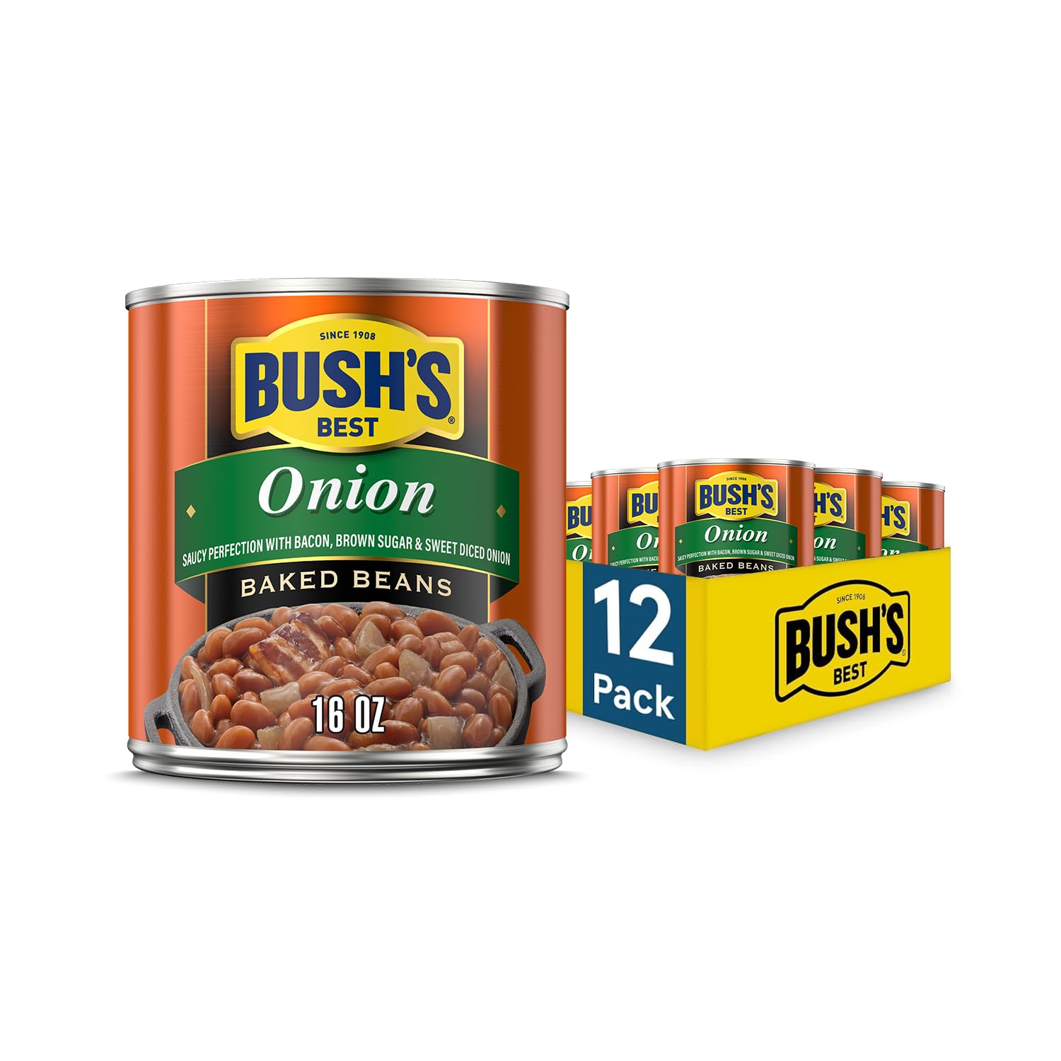 Bush's Best16 oz Canned Onion Baked Beans, Source of Plant Based Protein and Fiber, Low Fat, Gluten Free, (Pack of 12)