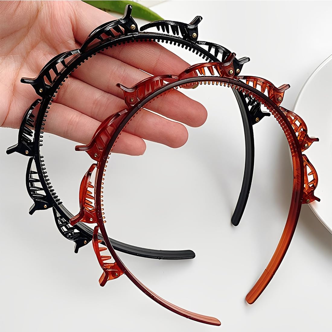 2 Pezzi Cerchietto per Capelli con Clip Fascia Dentata Strumento per Acconciature Elegante Fascia per Capelli per Donne e Ragazze (Nero e Marrone)