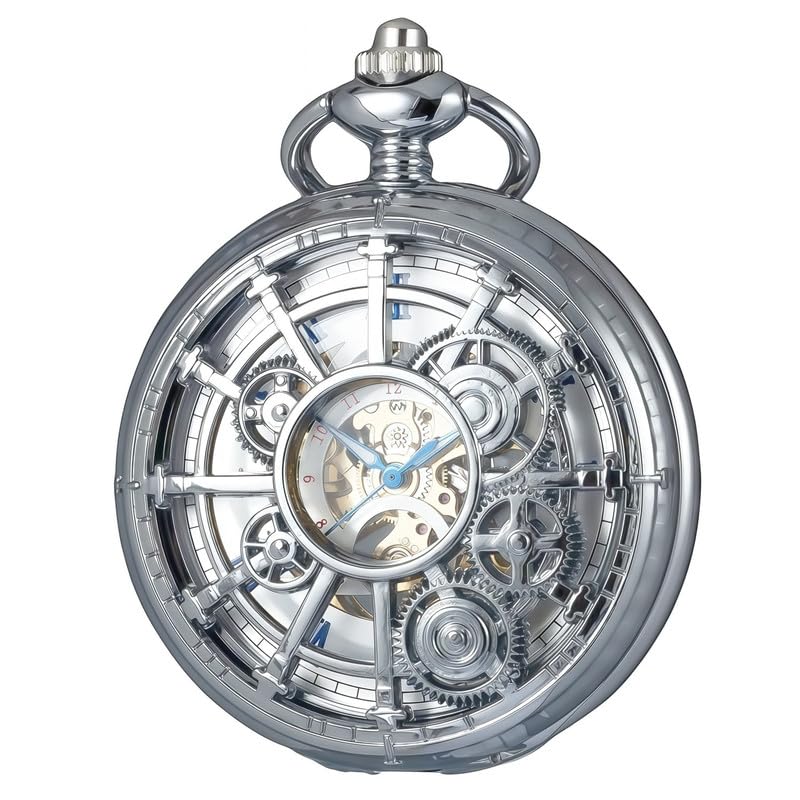 Steampunk Pocket Watch Silver Skeleton Mechanical Gear Hand-Wind Roman Numerals Antique Chain Mens-image-34