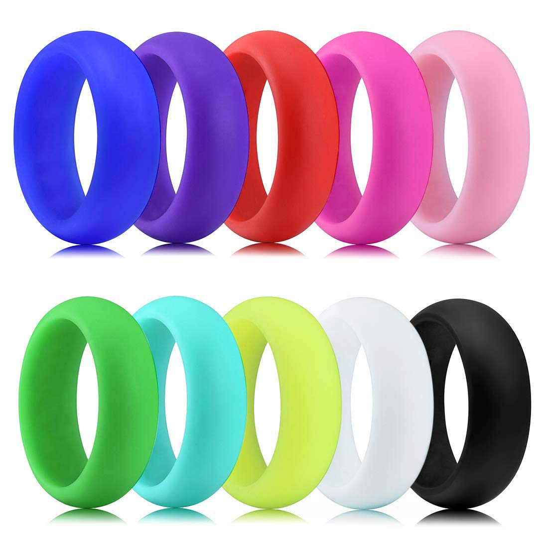 Longbeauty 10 Pack Candy Color Wedding Band for Men Women Flexible Comfort Sport Silicone Ring Black Red Blue Yellow Pink White Green Purple