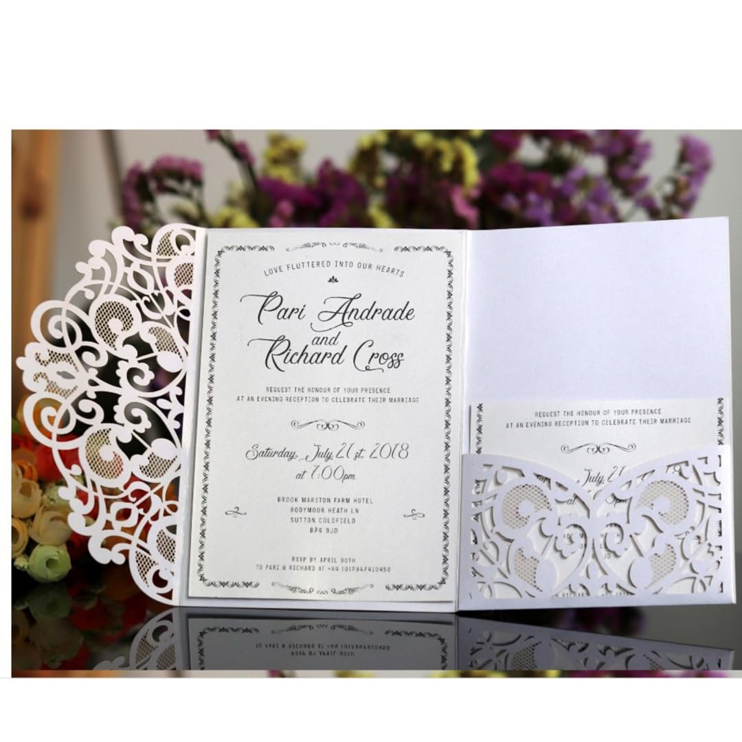 20 Stück Hochzeit Einladungskarten Laser Cut Flora Hochzeitseinladungen Spitze Hochzeitseinladungskarten Retro Dreifachgefaltete Hochzeitseinladung inkl Karten Umschläge Hochzeit Weiß