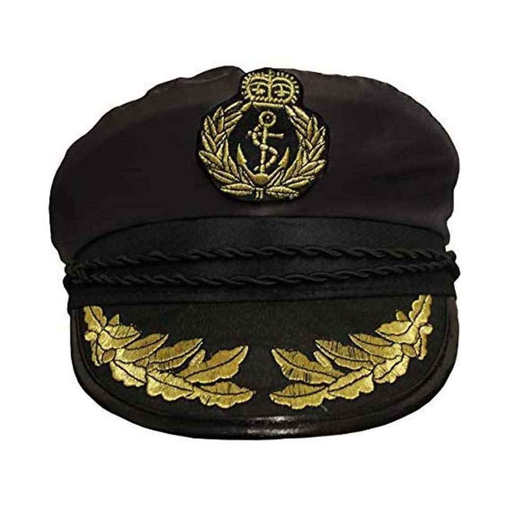 Adults Pilot Hat Fancy Dress Accessory Unisex Air Force Captain Cap Black With Emblem Aviator Man Or Satin Sailor Captains Accessory With Motif - Choice Of 3 Hats (Black Captains Hat)