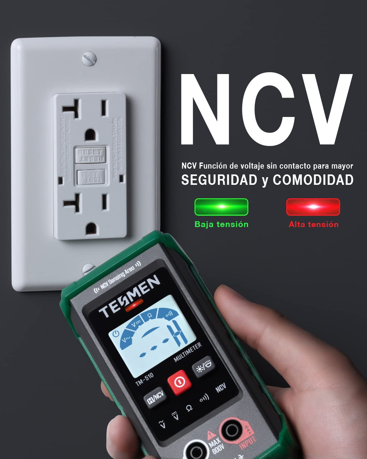 TESMEN TM-510 Multimetro Digital Profesional, Polimetro 4000 Conteos, Tester Electricista sin Contacto, Voltimetro Inteligente, Rango Automatico, Voltaje de CA/CC, Resistencia, Continuidad – Verde