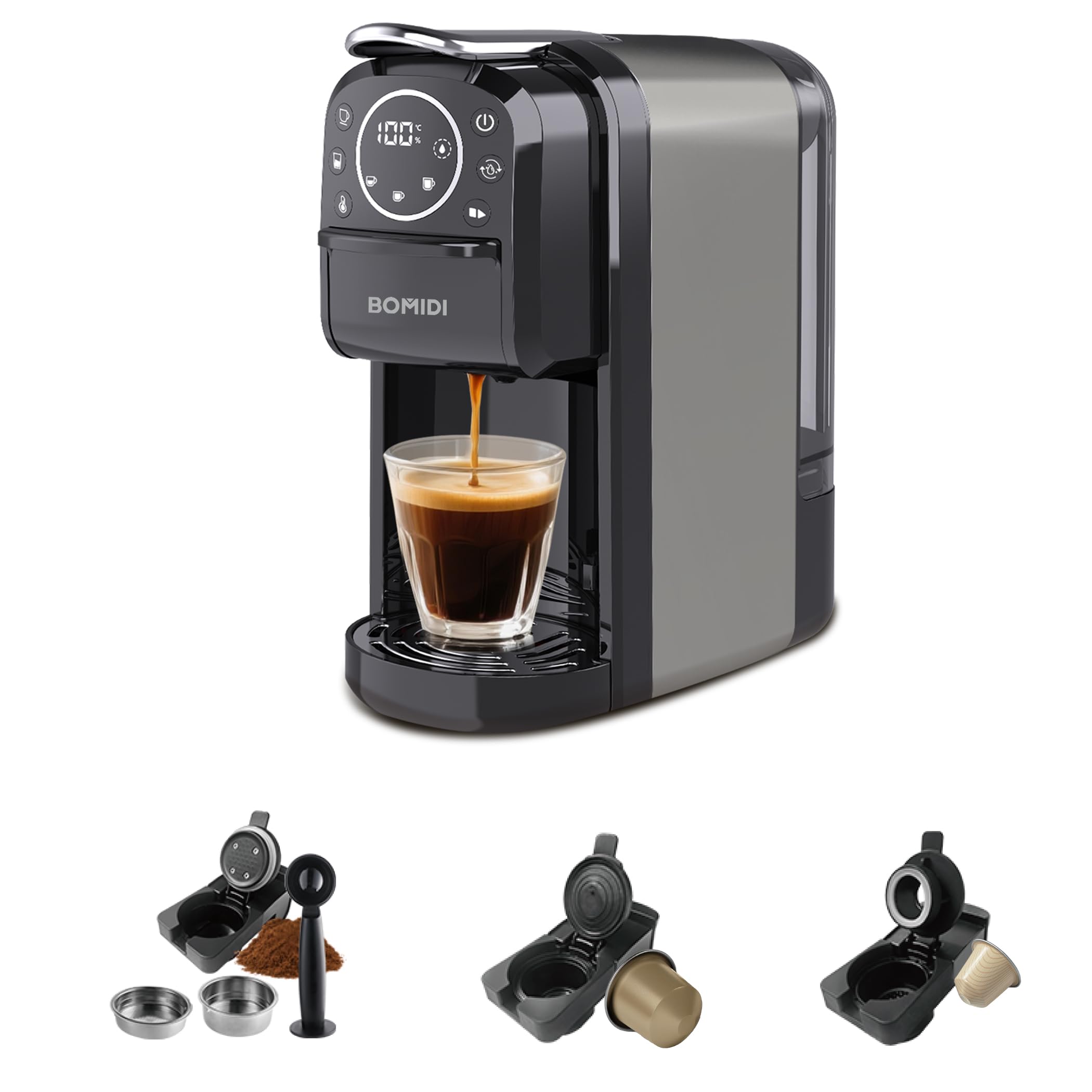BOMIDI 3-IN-1 Capsule Coffee Machine, 20 Bar High Pressure with Adjustable Temperature 55-100°C, 700mL Detachable Water Tank, Smart LED Display, Compact for Home, Office & Travel