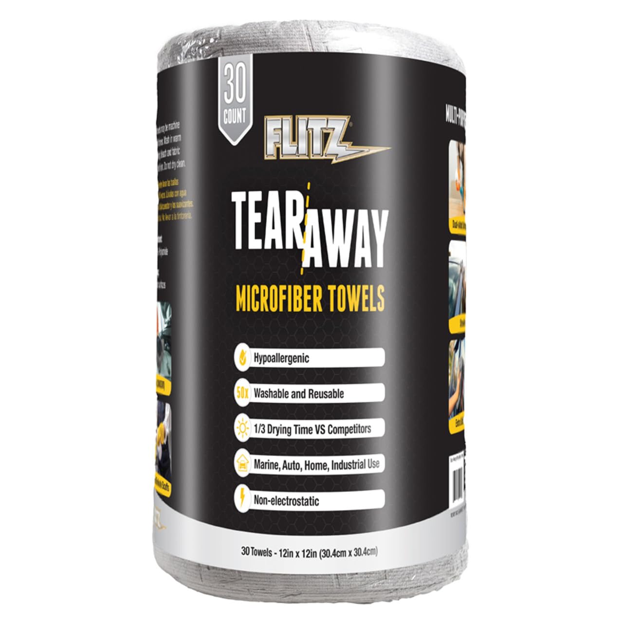FLITZ Tear Away Microfiber Towel Roll (30 Sheets) - 12" x 12" Cloth Paper Towels - Reusable & Washable Ultra Absorbent Cleaning Cloth Roll for Cars,