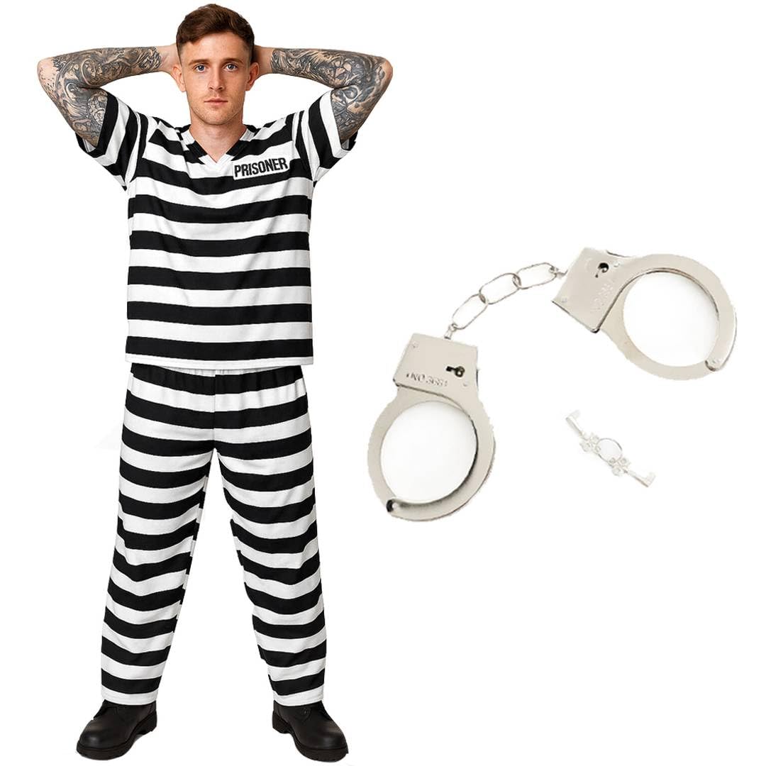 Adults Black and White Prisoner Convict Costume – Striped Jail Outfit with Cuffs & Key – Halloween Fancy Dress Outfit for Adults & Teens
