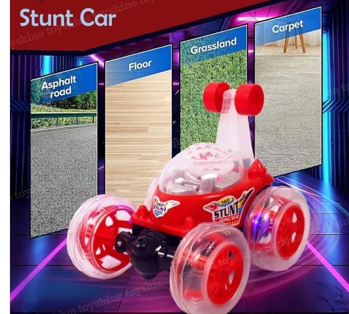 Image of Pink 360 Rotating Stunt Car Toy for Kids - LED Light Up Off-Road RC Vehicle with Flip & Spin Action, Rechargeable Electric Remote Control Car for Girls, Boys, Toddlers (RC 360 (RED))
