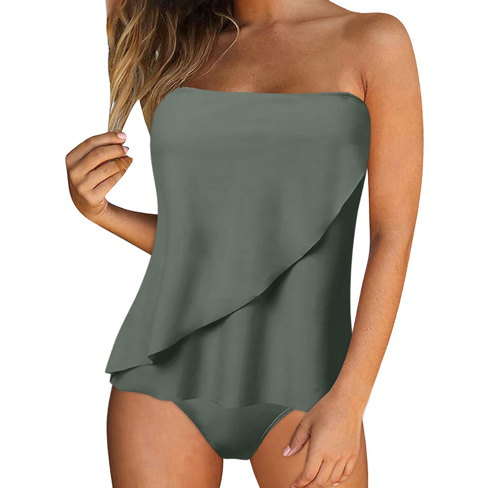 Genérico Tankini Dos Piezas Mujer 2024 Moda Traje de Baño sin Tirantes Push Up Bañador Color sólido Reductor Barriga Tankini Playa Bikinis Mujer 2024 Ropa de Playa Conjunto de Tankini Vacaciones